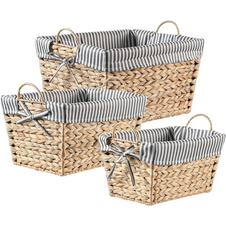 Handmade Water Hyacinth Wicker Baskets, Utility Storage Organizers With Removable Liner (Set of 3, Jumbo: 16.9"x12.2"x9.1", Large: 15"x10.2"x7.9", Medium: 13"x8.3"x6.7", Beige + Gray/White)
