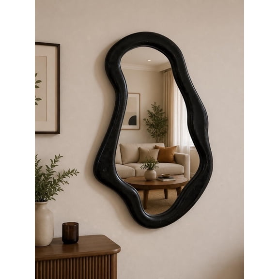 Handmade Wavy Wall Mirror, Asymmetrical Solid Wood Mirror, Modern Funky Blob Mirror for Living Room, Large Dynamic Mirror Full Length Alternative-24x36 Inch
