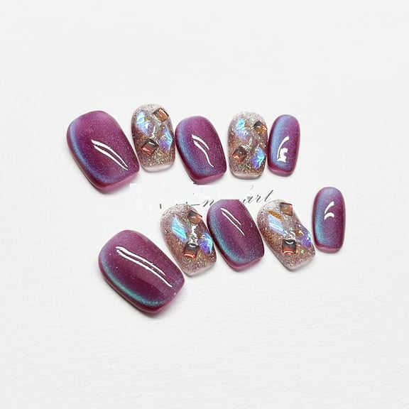 Handmade Wear Nail Purple Cat Eye Finished Short Nail Sticker Detachable