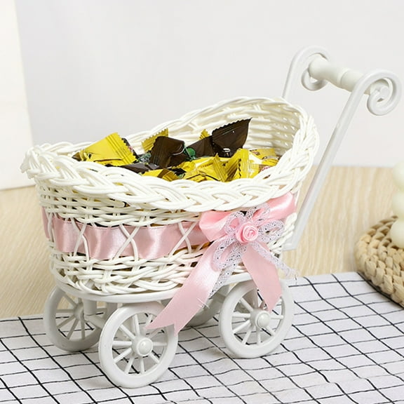 Handmade Weaving Storage Basket with Wheels | Small Rolling Cart for Candy Fruit Snacks & Toys | Multicolor Plastic Imitation Vine Basket | Home Wedding & Holiday Decor | 9.5 x 5.5 x 6.7 Inches
