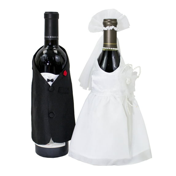 Handmade Wedding Decorations Bride Groom Design Wine Bottle Covers 2-Pcs Set