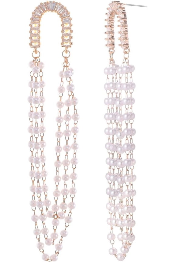 Handmade Wedding Stud Earrings, Pearl Chain Cubic Zirconia India Brides Bridal Earrings for Women, Drop and Dangle Earrings for Prom Pageant Jewelry