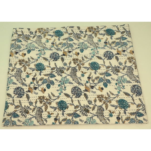 Handmade White & Blue Floral Block Print Kantha Quilt â€“ Pure Cotton Indian Bedspread, Soft Hand-Stitched Throw for Bedroom Decor