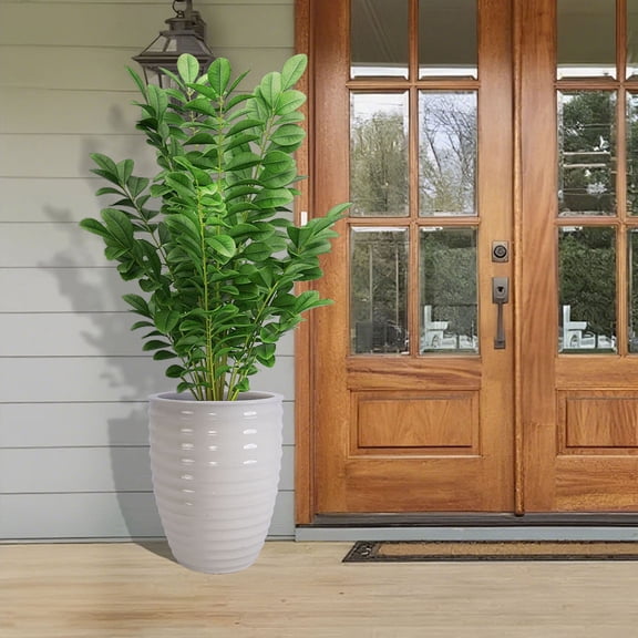 Handmade White Ceramic Planter, 17" Diameter, Horizontal Ripple & Ice-Crack Pattern for Monstera Fiddle Leaf Fig Indoor Outdoor