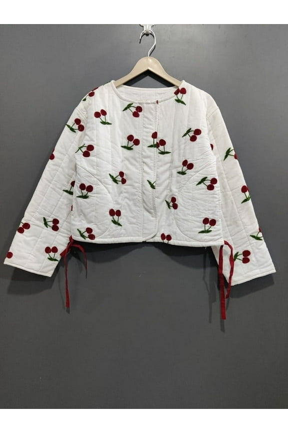 Handmade White Cherry Printed Puffer Jacket Cotton Winter Upperwear Coat for Women's Special Ocassion Use