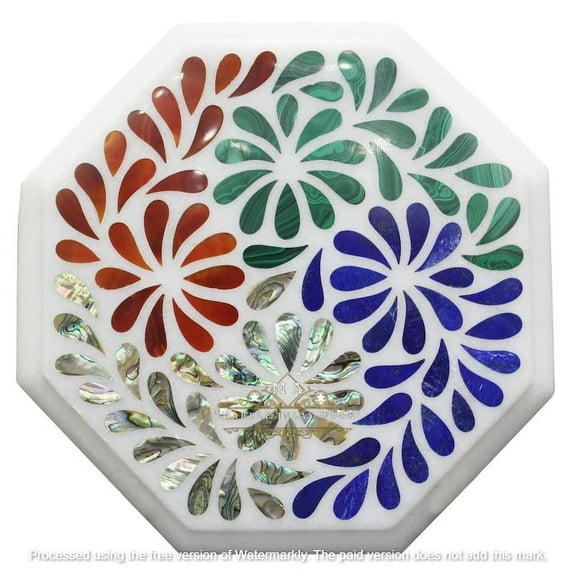 Handmade White Coffee Table Top with Intricate Marble Stone Art, Multicolor Design, Natural Marble Table Top for Elegant Home Decor-18 Inch