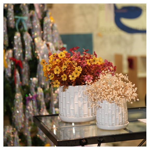 Handmade White Glazed Ceramic Planter Set of 2, 6" & 8" Diameter, Bamboo-like Pattern, for Orchids Indoor/Outdoor Shelf & Table Use, Breathable Clay