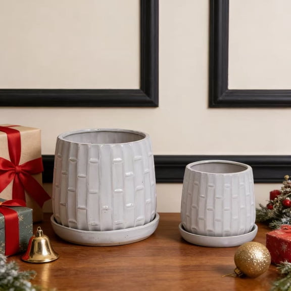 Handmade White Glazed Ceramic Planter Set of 2, 6" & 8" Diameter, Bamboo-like Pattern, for Orchids Indoor/Outdoor Shelf & Table Use, Breathable Clay