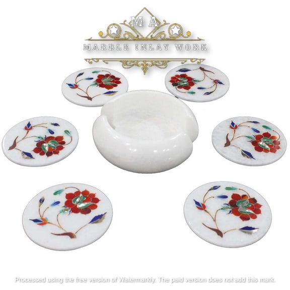 Handmade White Marble Coaster Set with Decorative Inlay Gemstone Tea Coasters for Drinkware and Barware, Perfect Housewarming Gifts