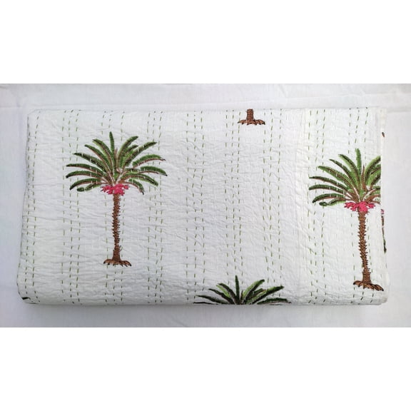 Handmade White Palm Tree Indian Kantha Quilt Cotton Indian Bedspread Tropical Boho Bedding Throw Multiple Sizes Twin Queen And King