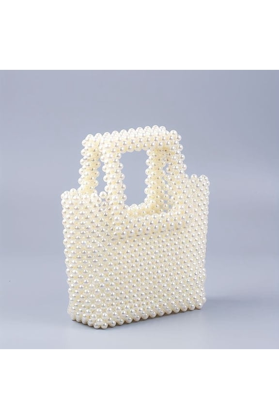 Handmade White Pearl Beaded Bag Ideal Gifting Handbag with Square Handle for Women's & Girls Usage