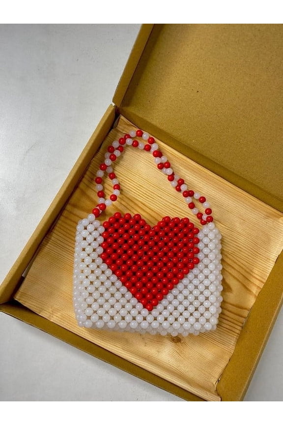 Handmade White-Red Pearl Beaded Bag Ideal Gifting Elegant Style Handbag for Women's & Girls Special Occasion