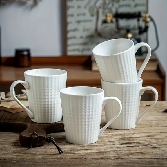 Handmade White Square Relief Mug Set - Minimalist Ceramic Conical Coffee and Tea Cups (Set of 4, 10.14 Ounce)