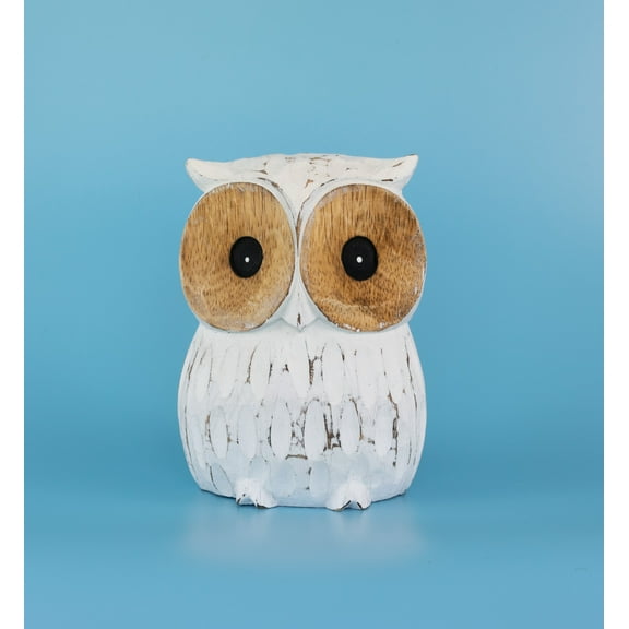 G6 Collection Handmade White-Washed Wooden Owl Statue Figurine Hoot Sculpture Art Home Decor Accent Handcrafted Decoration