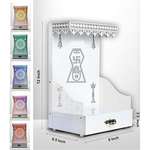 Handmade White Wooden Temple with Multicolor LED Lights for Home and Office| Puja Mandir |Wall Hanging & Table Top|White Mandir /Pooja Ghar