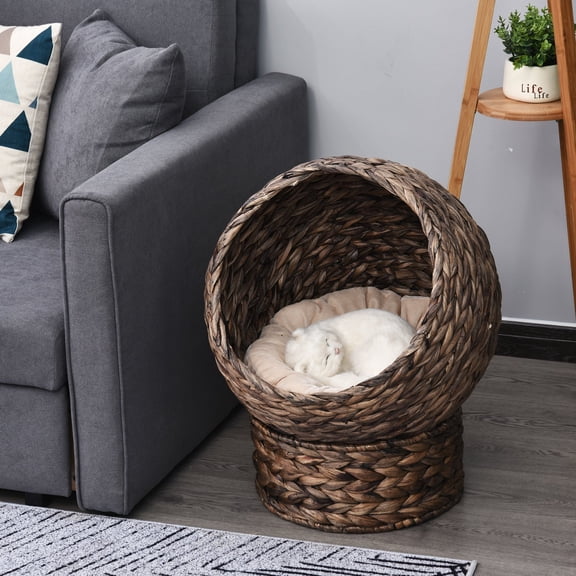 Handmade Wicker Elevated Cat Bed with Cushion – Dark Brown Rattan Cat Sofa, Raised Design, Breathable & Cozy for Kittens & Small Cats