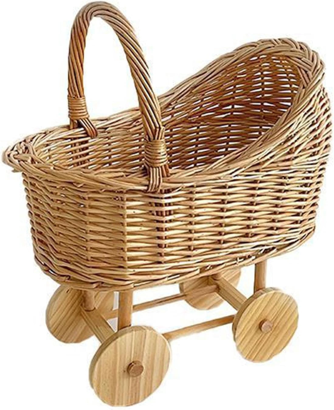 Handmade Wicker Flower Basket Woven Rattan Pushcart Planter Small Stroller Design Fruit Gift Box with Handle for Floral Arrangements Decor Wedding Baby Shower Centerpiece Candy Storage