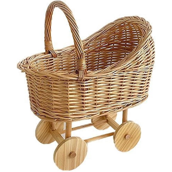 Handmade Wicker Flower Basket Woven Rattan Pushcart Planter Small Stroller Design Fruit Gift Box with Handle for Wedding Baby Shower Centerpiece Candy Storage Home Decor