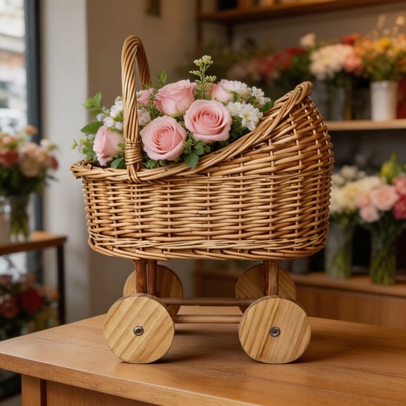 Handmade Wicker Planter Basket, Easter Basket Wicker Carriage Planter, Small Stroller Design Fruit Gift Box for Home Decor, Centerpiece Candy Storage, Wedding, Theme Party
