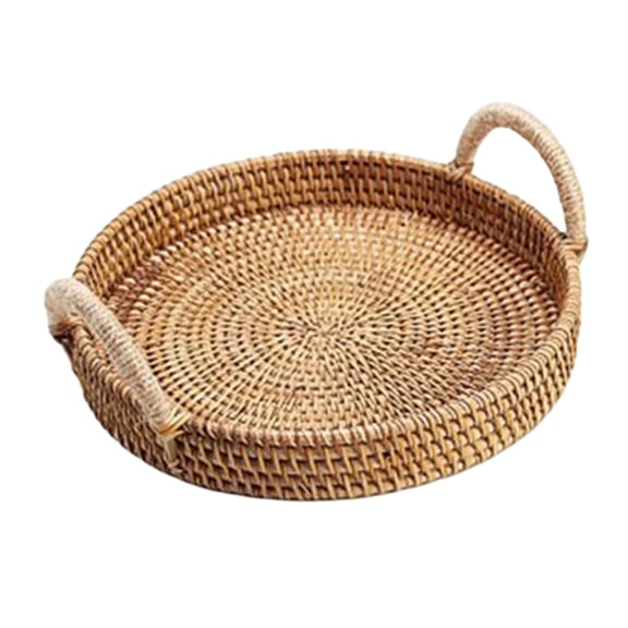 Handmade Wicker Serving Basket Breakfast with Handles Fruit Tea Platter Serving Tray Rattan Round Tray for Cake Drinks Coffee Table Decor Round Handle L