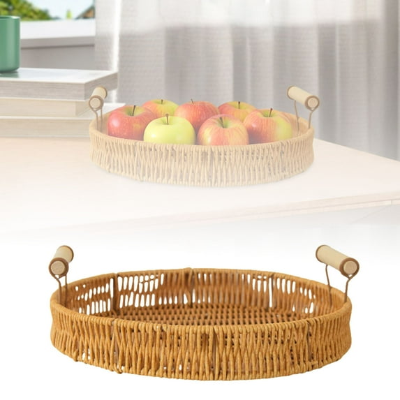 Handmade Wicker Serving Tray with Handles - Large Round Rattan Basket Organizer for Breakfast, Fruits, Coffee Table Decor - Storage Platter for Bread, Drinks, Centerpiece