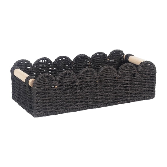 Handmade Wicker Storage Basket with Wood Handles - Rectangular Woven Organizer for Bathroom Shelves & Home Storage.