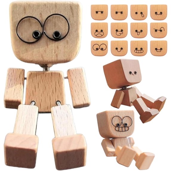 Handmade Wiggle Wooden Man Figurine – 12 Magnetic Expressions | Quirky Car Dashboard & Desktop Ornament(A 1PCS)