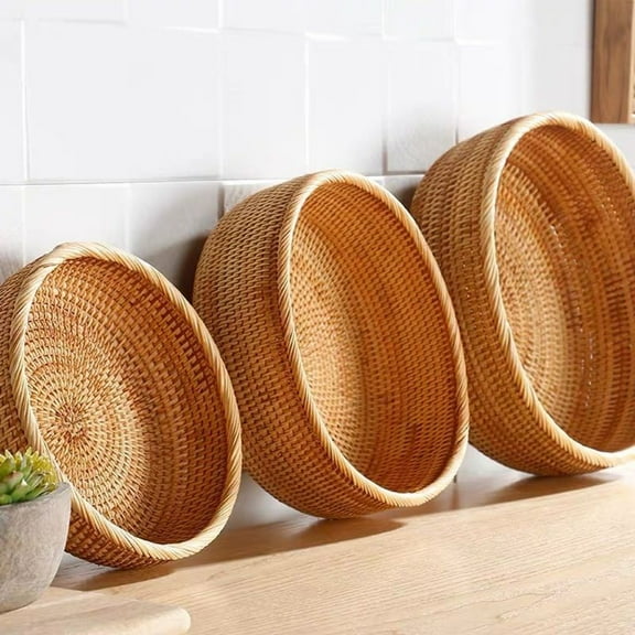 [Handmade Willow Basket] 1/3pcs Handmade Willow Wicker Basket | Round Woven Fruit, Bread, Picnic Storage Tray - Home Kitchen Wall Hanging Decoration