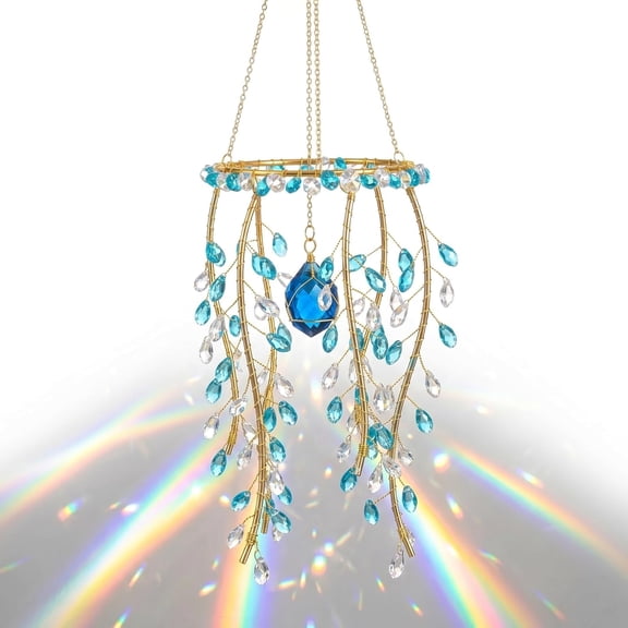 Handmade Willow Tree Crystal Prism Rainbow Maker, Hanging Crystal Suncatcher with Amethyst, Window Rainbow for Home Garden Patio (Blue Quartz)