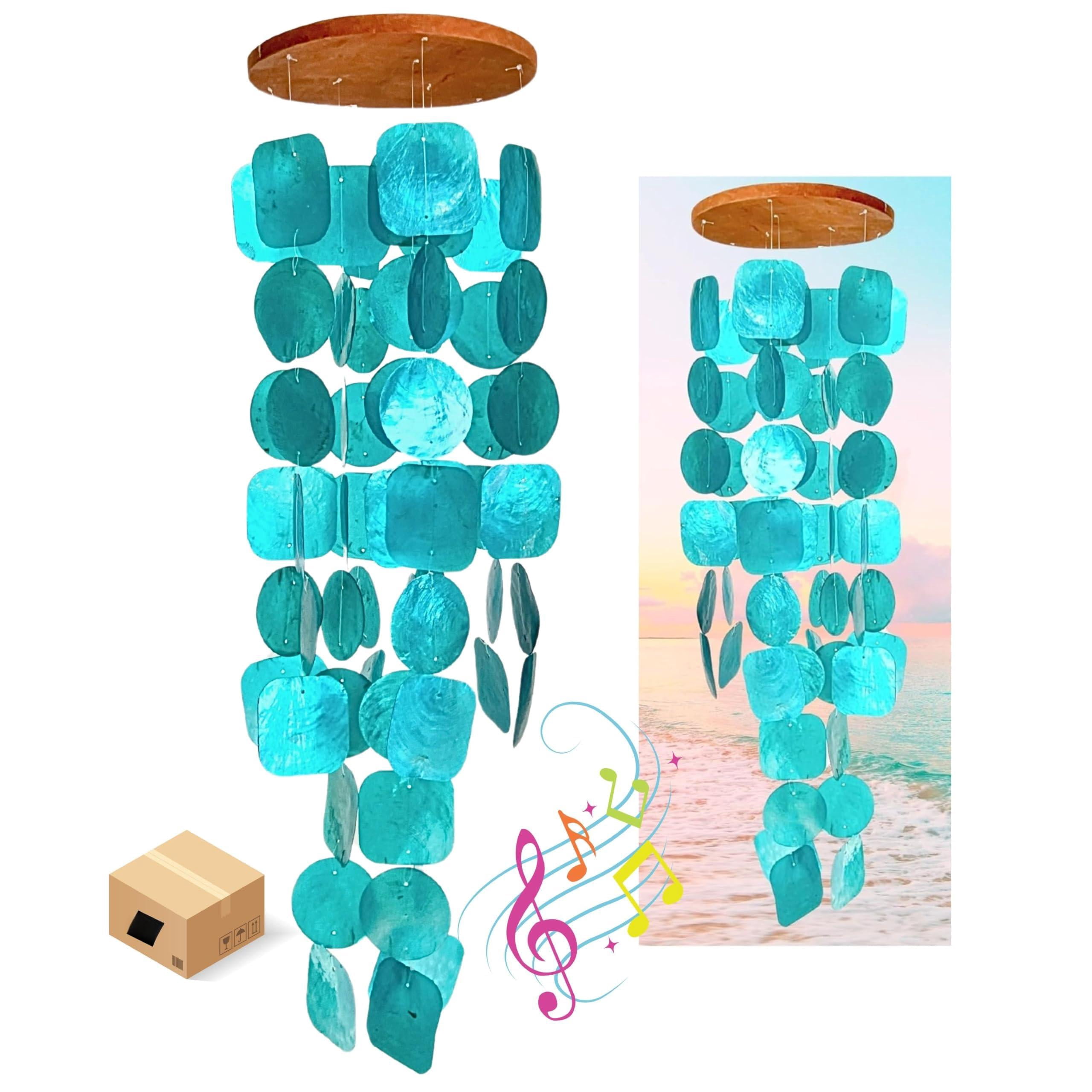 Handmade Wind Chimes Outdoor  Musical Garden Decorations Beach Breeze Gifts For Mom Outside Windchimes 63pcs Capiz Shells Sea Glass Wood Turquoise 20744