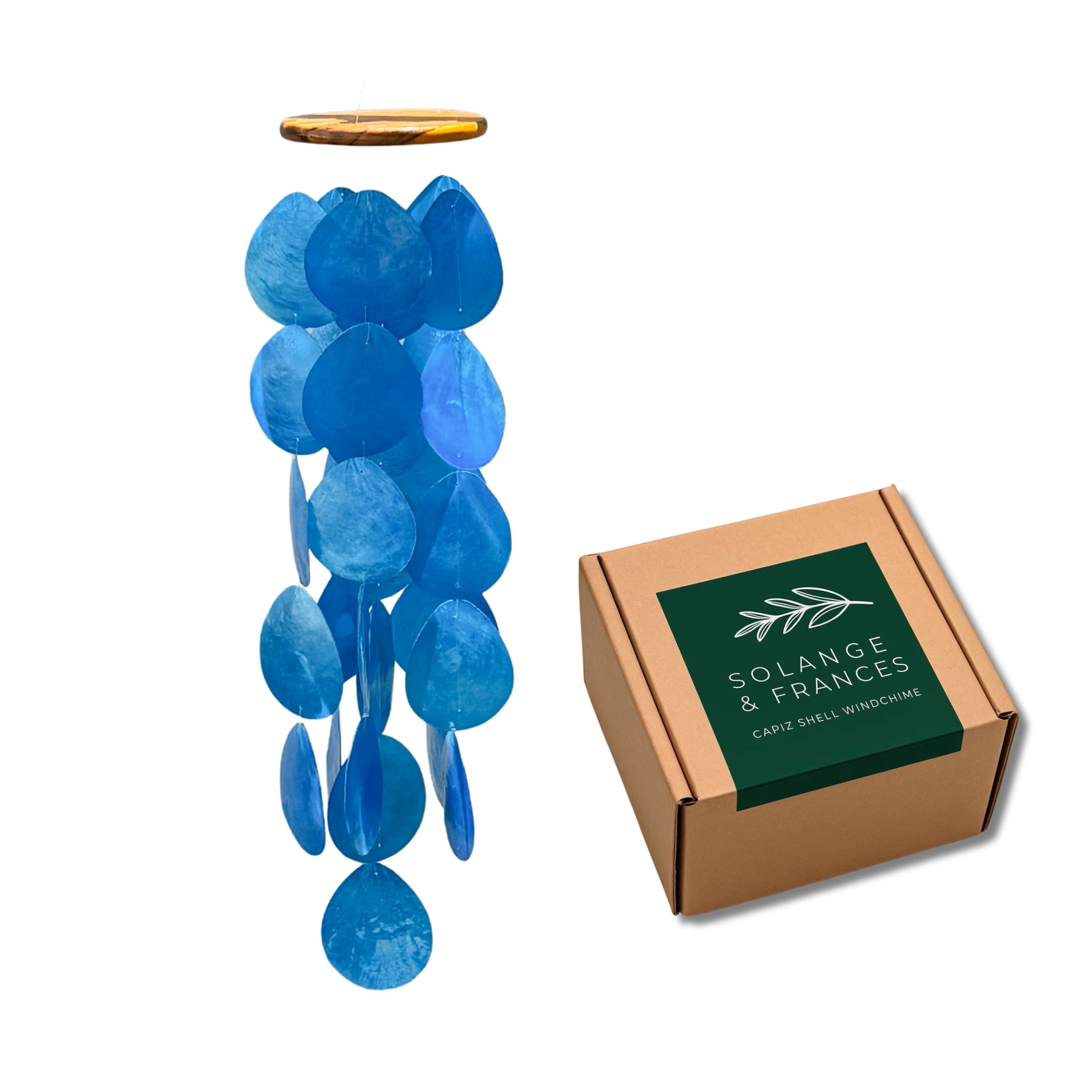 Solange & Frances Blue Capiz Shell Wind Chimes, 26" Hanging Teakwood Decor