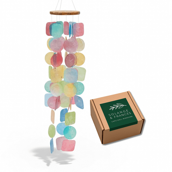 Solange & Frances Rainbow Capiz Shell Wind Chimes, 26" Teakwood Coastal Garden & Patio Decor