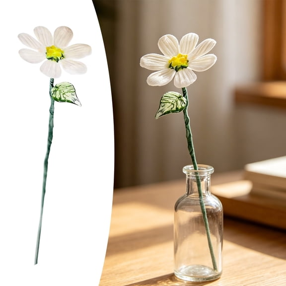 Handmade Wire Artificial Daisy Stem, Single Long Stem Faux Flower Pick French Style Desk Vase Decor, Handcrafted Flexible Wrapped Wire Stem Realistic White Daisy Bloom 1Pcs