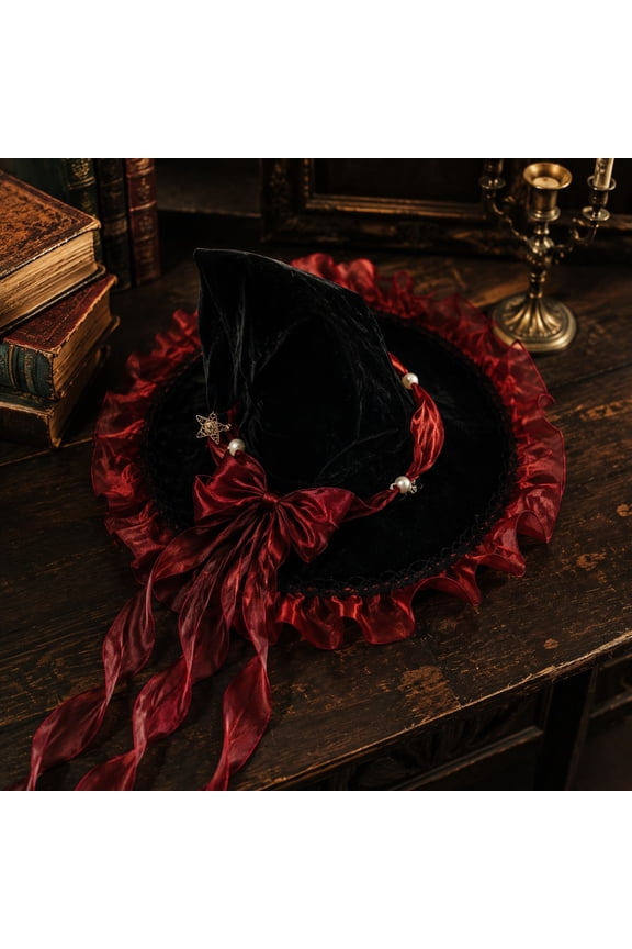 Handmade Witch Hat - Wide Brim Pointed Wizard Hat With Red Ruffle Bow