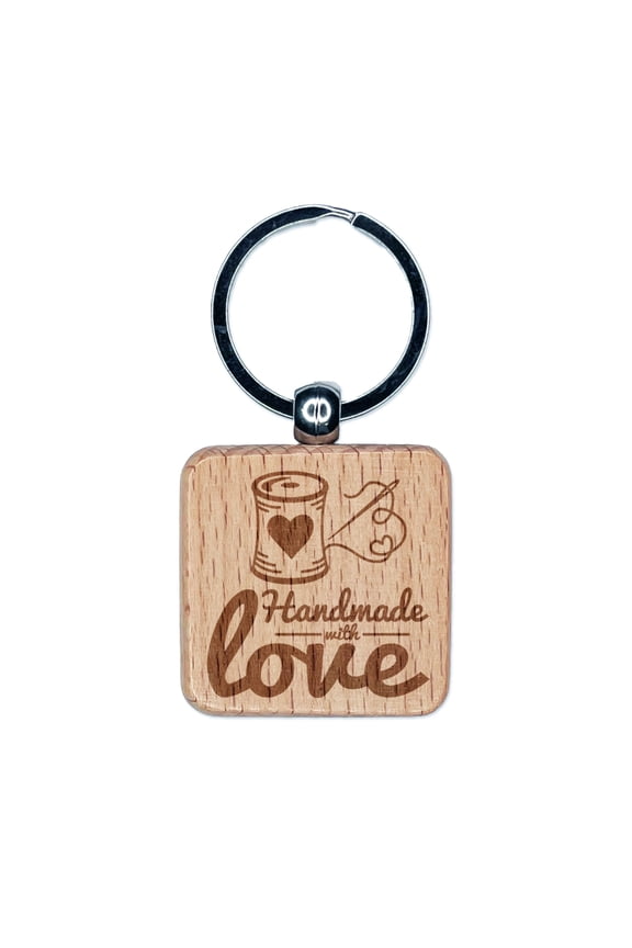 Handmade With Love Sew Sewing Thread Spool Square Keychain Charm Tag - Engraved Wood