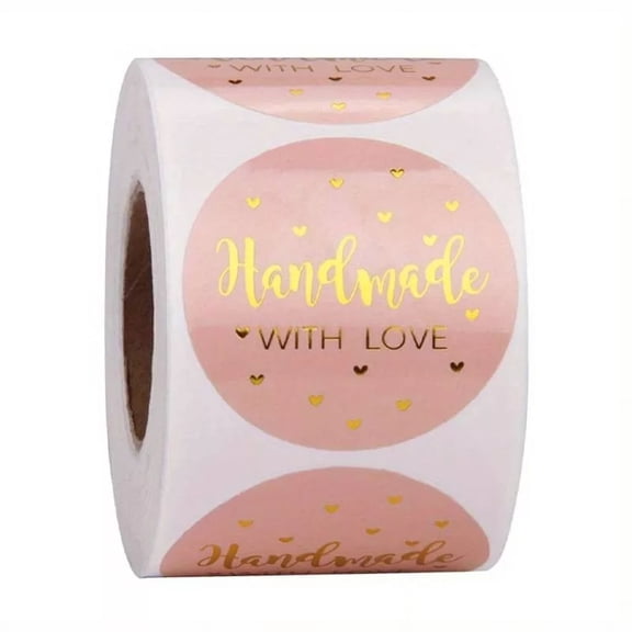 Handmade With Love Stickers Pink Gold Round Thank You Labels Gift Food Craft