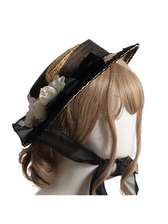 Handmade Women 1800s Victorians Wedding Tea Party Hat Bonnet Flat Bonnet Hat Color Flower Sun Hat Straw Weaving Hats
