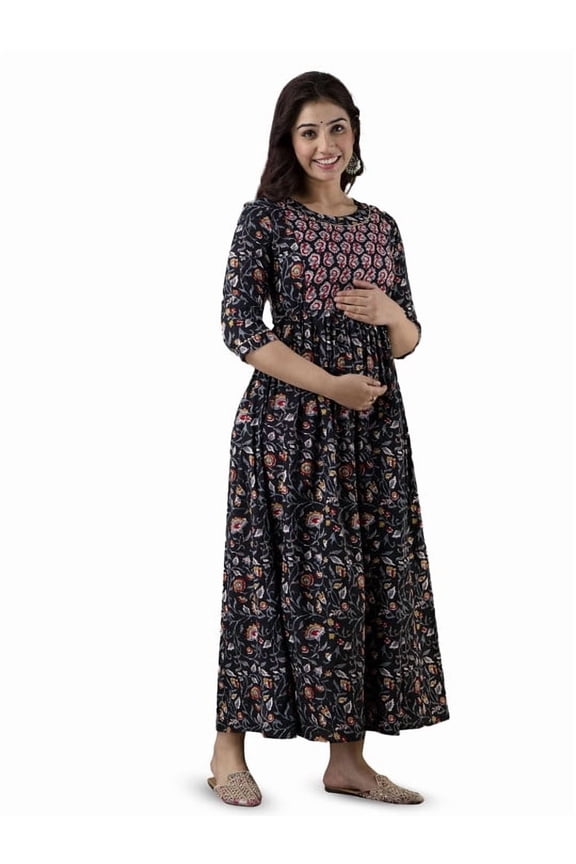 Handmade Women's Elegant Cotton Long Green Maxi Maternity Nursing Frock With Both Side Zipper Dress - Comfortable Full Length Gown for Pregnancy & Photoshoots