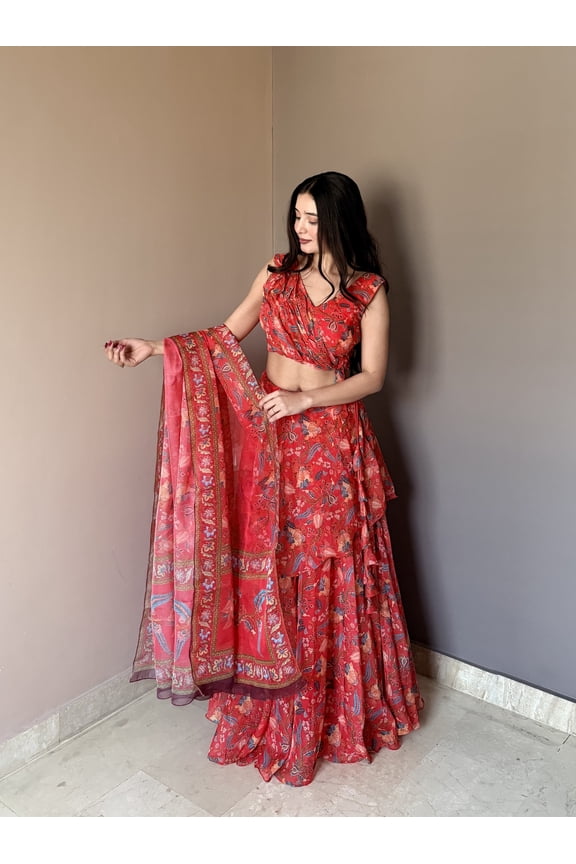 Handmade Women's Floral Printed Organza Lehenga Choli Set with Dupatta, Sleeveless Ethnic Outfit for Navratri, Garba, Wedding & Festival Wear