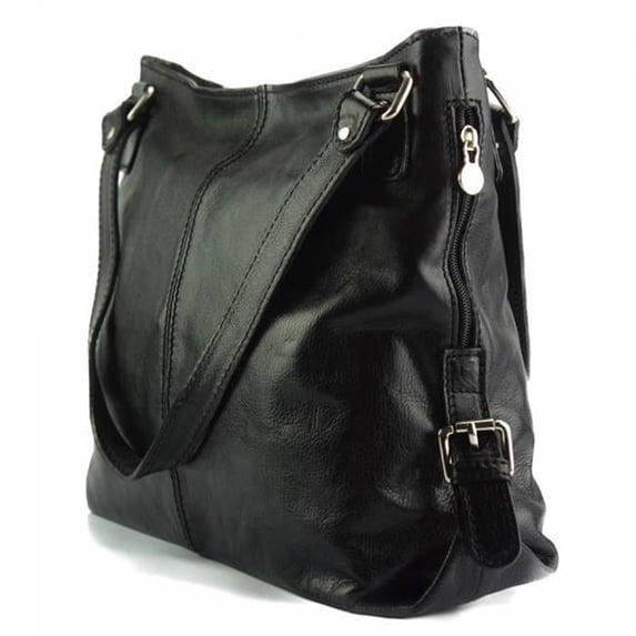 Handmade Womens Genuine Calf Leather Shopping Bag with Double Handle, Black