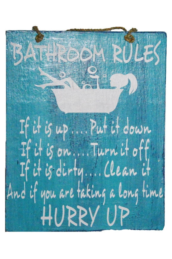 Handmade Wood "BATHROOM RULES" Funny Sign Plaque Wall Art Decor Potty Bath Tub Toilet Seat Clean Hurry
