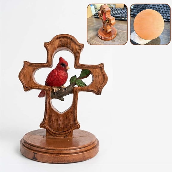 Handmade Wood Bird Figurines, Hand Carved Painted Wooden Cardinal Cross Ornament Crafts Home Office Desktop Decor Gifts