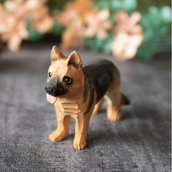 Handmade Wood Carving German Shepherd Dog Figurines, Small German Shepherd Statue Figure Collectibles for Home Decor Gift, White Cardboard Outer Packaging