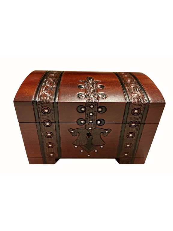 Handmade Wood Treasure Chest Box w/ Lock and Key Linden Wood Pirate Jewelry Keepsake