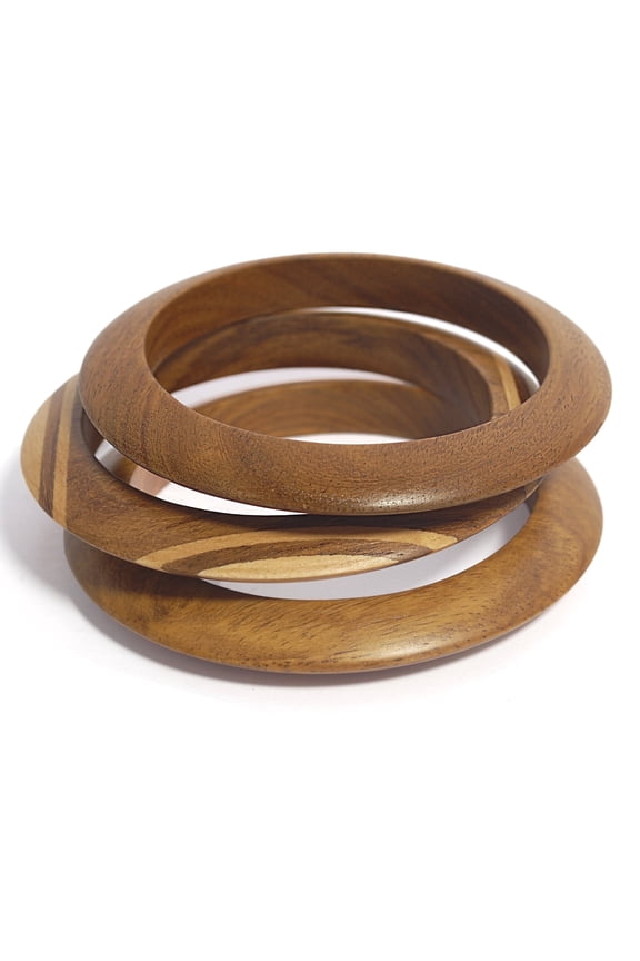 Handmade Wooden Bangle Bracelet Set of 3 - Muse Kudos, Sissoo & Saffron Teak Wood, Hand-Carved Wax Polished Artisan Jewelry for Women