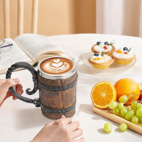 Handmade Wooden Barrel Beer Mug, Bucket Shaped Drinkware with Handle, Stainless Steel Double Wall Cocktail Mug for Bar Restaurant, Vintage Bar Accessories (18 oz)$$Home Decor, Kitchen, & Other