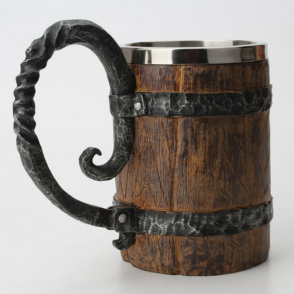 Handmade Wooden Barrel Mug, Bucket Shaped Drinkware with Handle, Stainless Steel Double Wall Mug for Bar Restaurant, Vintage Bar Accessories