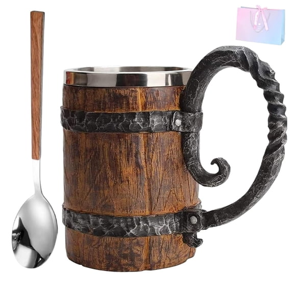 Handmade Wooden Barrel Beer Mug With Spoon And Gift Bag, Bucket Shaped Drinkware With Handle , Stainless Steel Double Wall Cocktail Mug For Bar Restaurant Vintage Bar Accessories