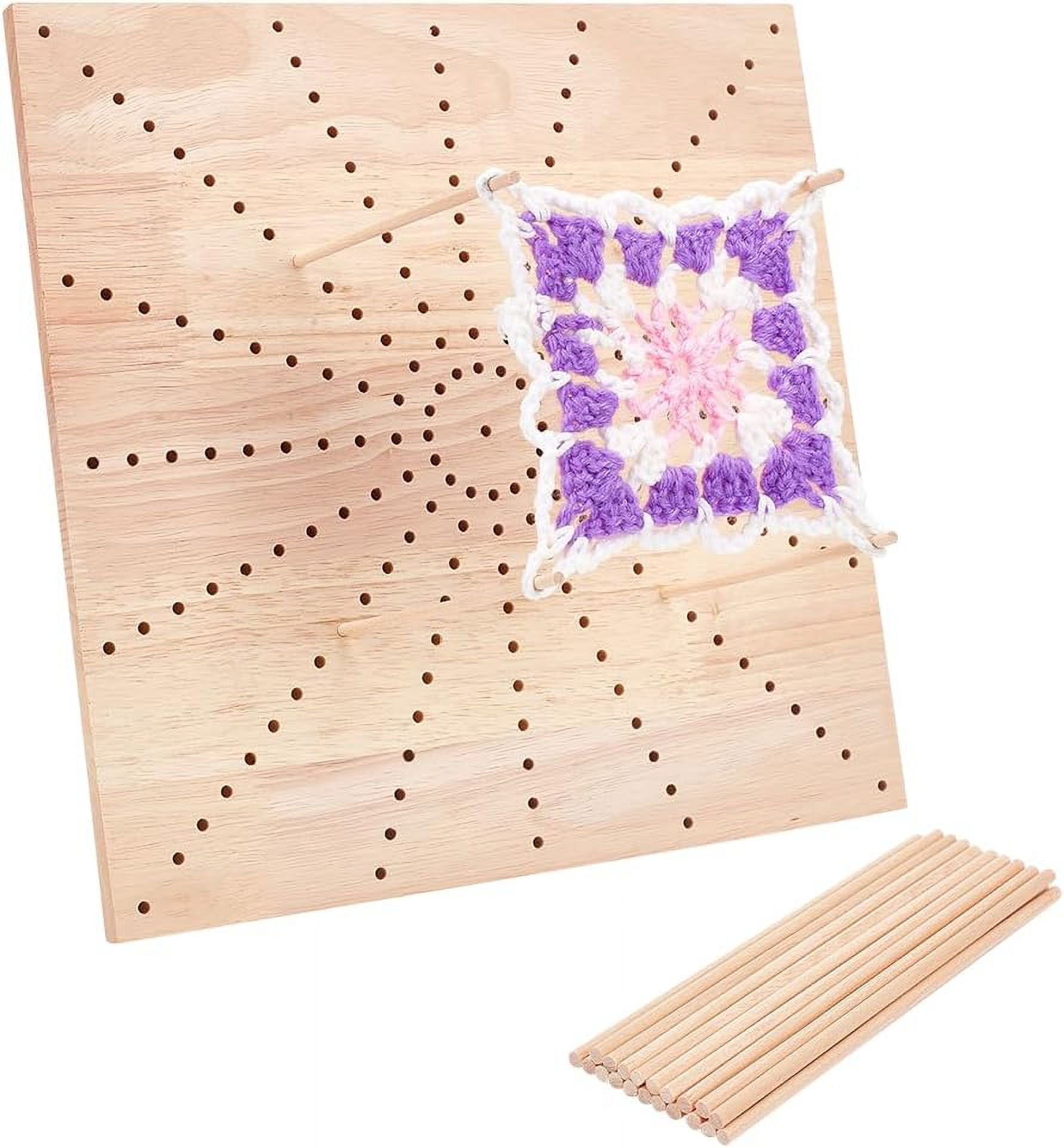 Handmade Wooden Blocking Board (11.8x11.8x0.47inch) with 20pcs 5.9x0.16inch Round Wooden Sticks and Sun Shaped Hole Square Knitting Loom for Knitting Crochet Beige