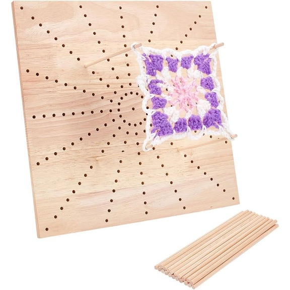 Handmade Wooden Blocking Board (11.8x11.8x0.47inch) with 20pcs 5.9x0.16inch Round Wooden Sticks and Sun Shaped Hole Square Knitting Loom for Knitting Crochet Beige